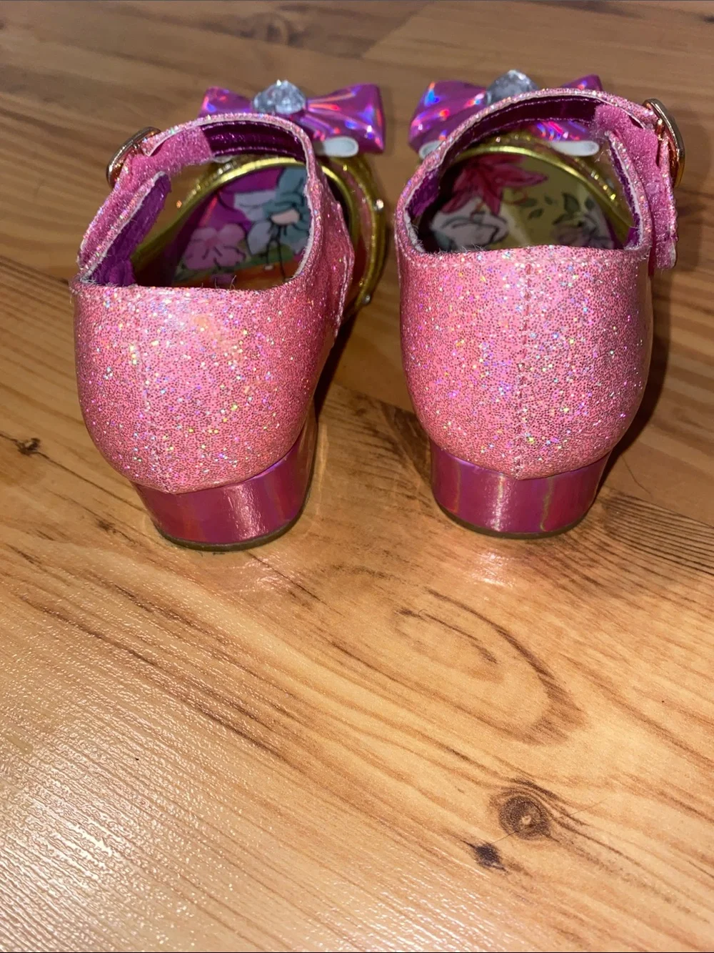 Disney Girls Pink Glitter Princess Bow Dress Shoes with Heart Gems